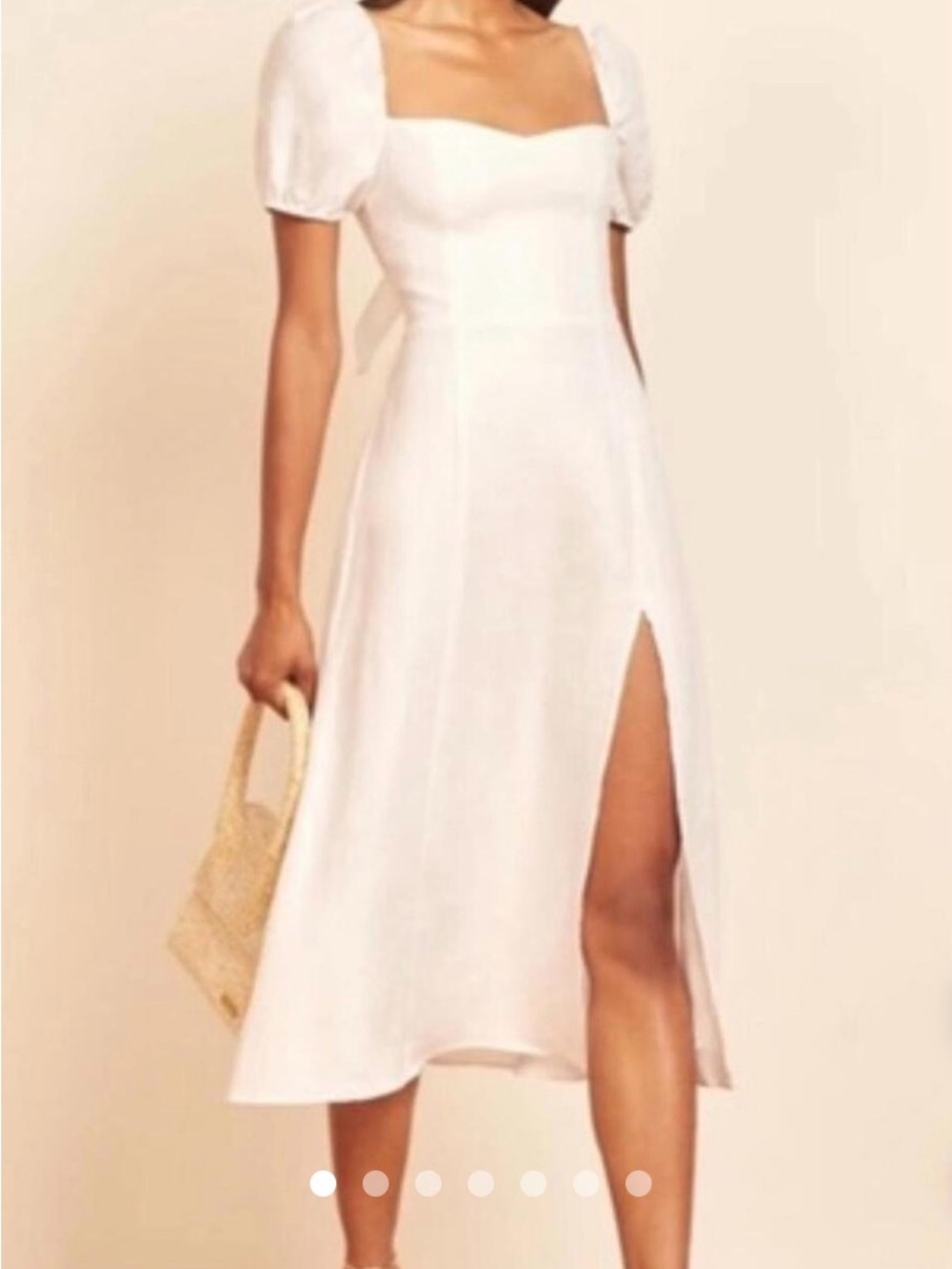 Reformation White Puff Sleeve Square-Neck Midi Dress with High Slit